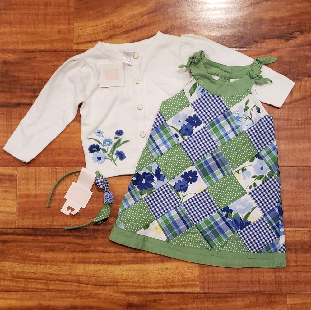 Janie and Jack EUC/NWT 12-18 months patchwork shift dress and floral cardigan